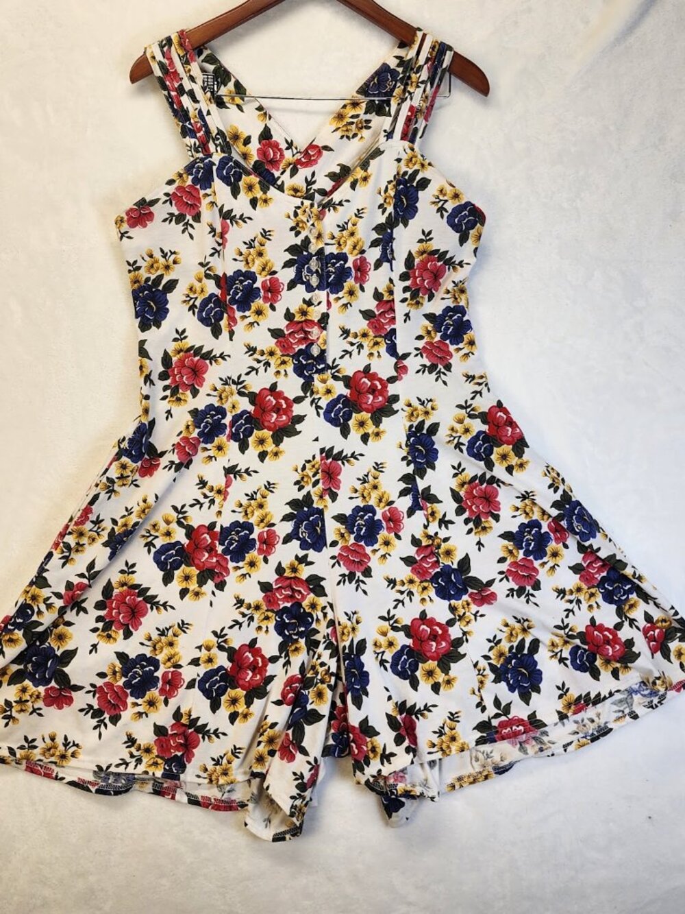 Vintage Maggie Lawrence Floral Y2K Mini Romper L Red White Cottagecore Pockets